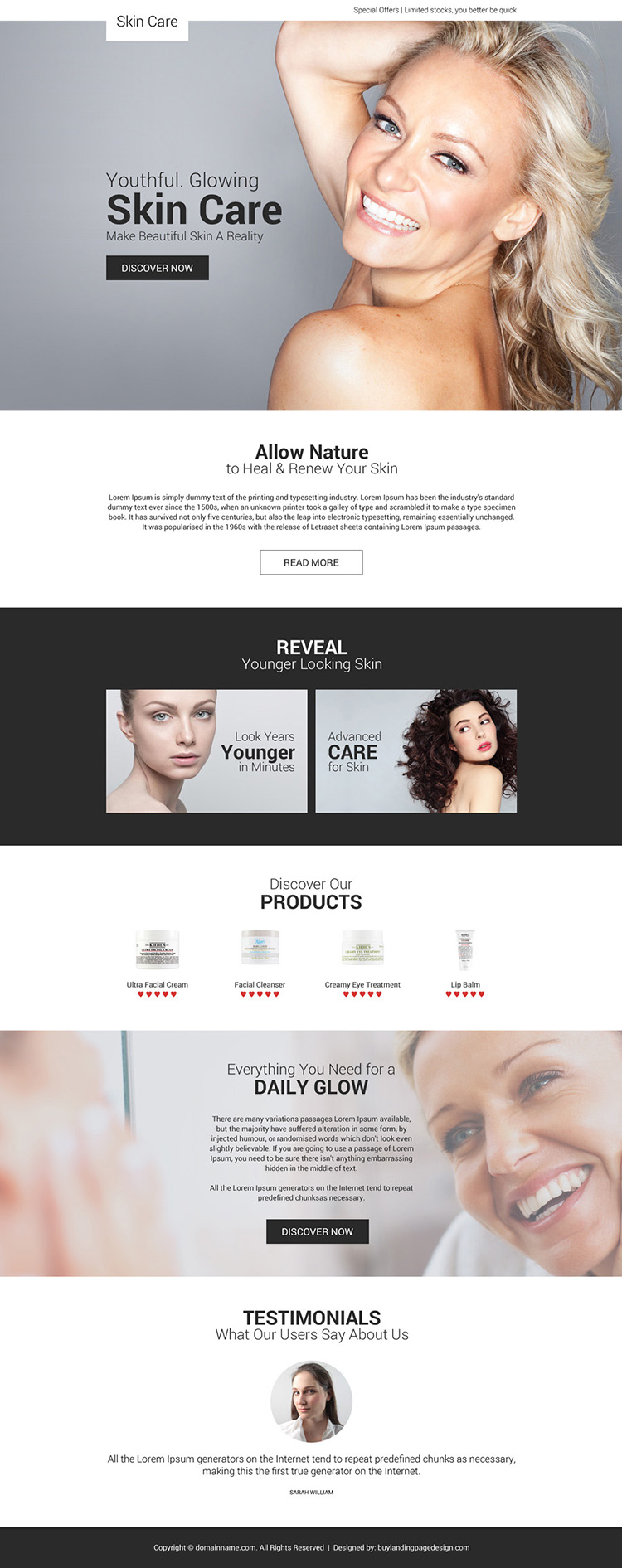 youthful glowing skin care responsive landing page design