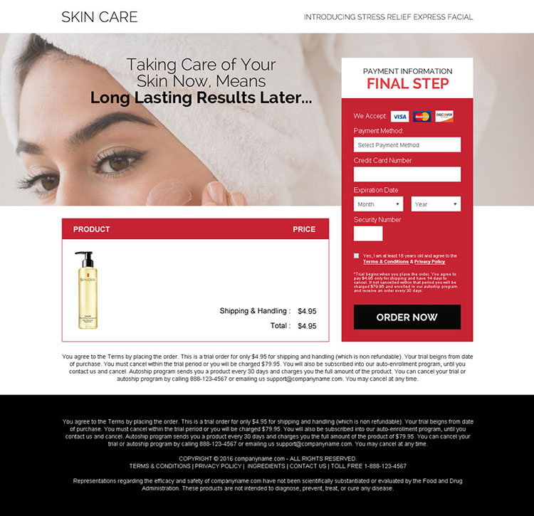 skin care product trial offering bank page design