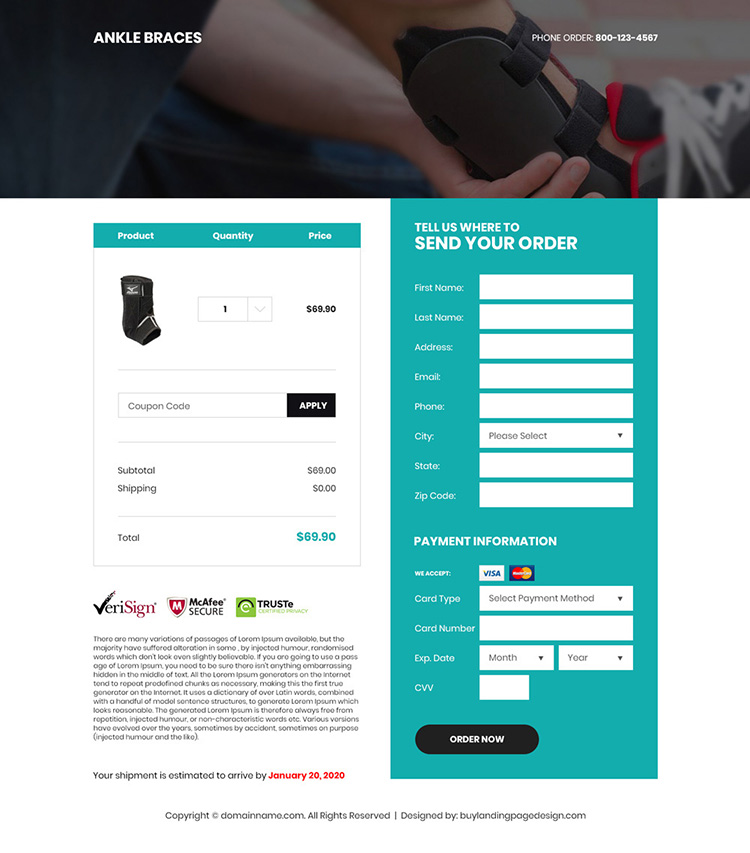 ankle brace product responsive landing page design