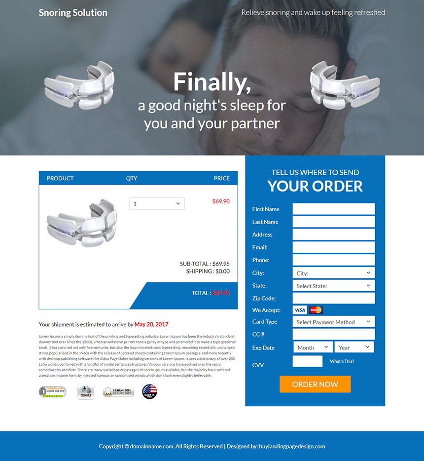 anti snoring product responsive landing page