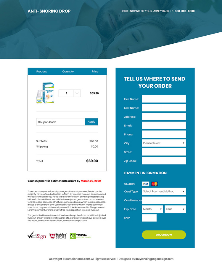 anti snoring drop responsive landing page design