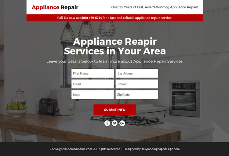 appliance repair service responsive sales funnel page design