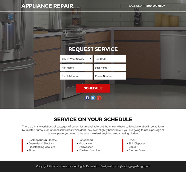 appliance repair service responsive funnel landing page