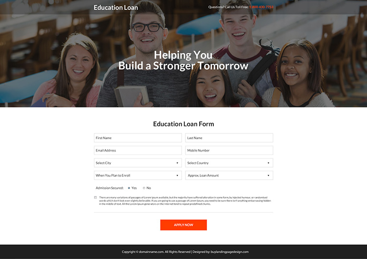 student loan online application responsive landing page design