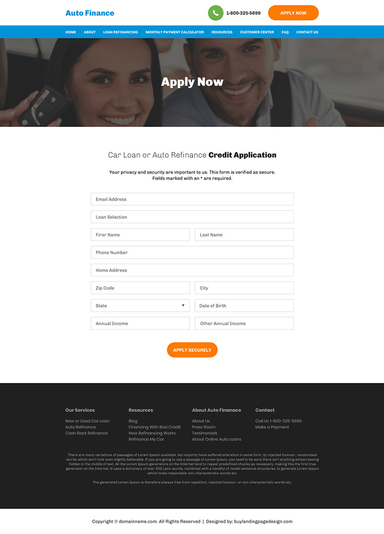 auto financing and refinancing minimal website design