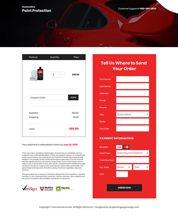 automotive paint protection product selling landing page