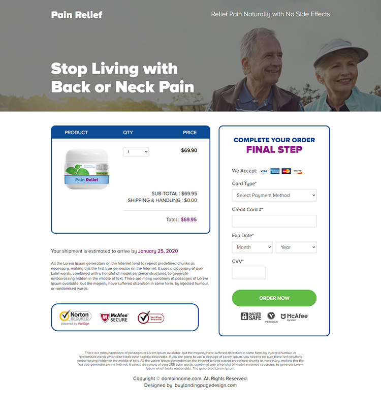 pain relief product responsive landing page design