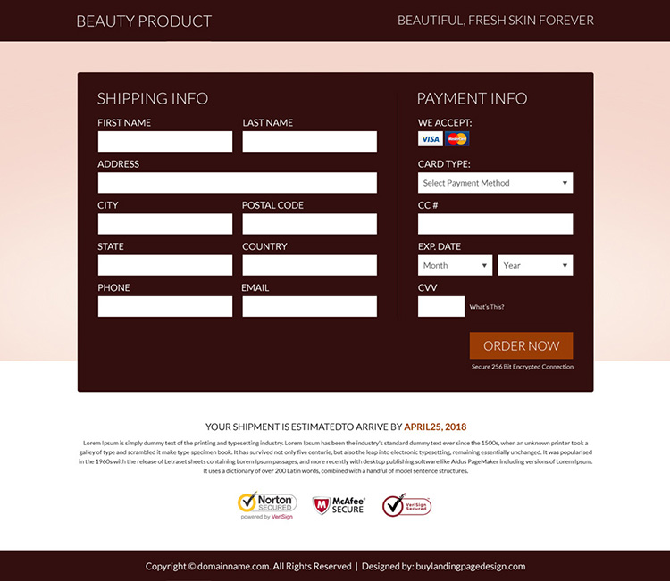 beauty product selling responsive funnel page design