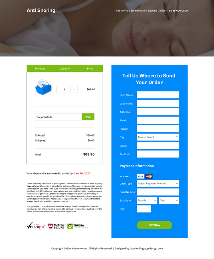 anti snoring mouthpiece responsive landing page