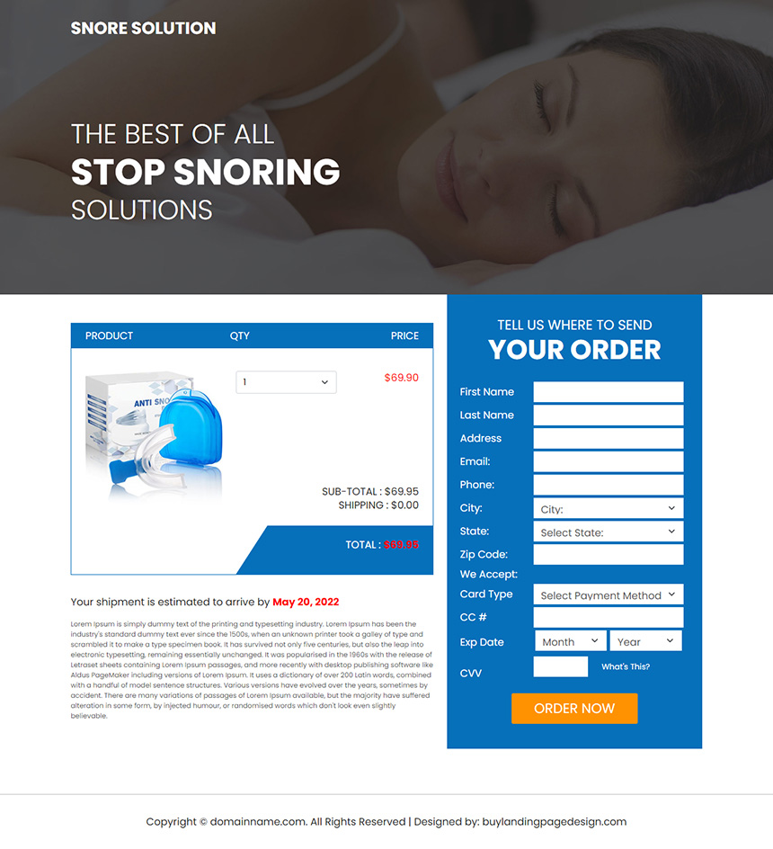 best anti snoring device call to action landing page design