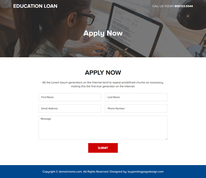 minimal education loan lead capture landing page design
