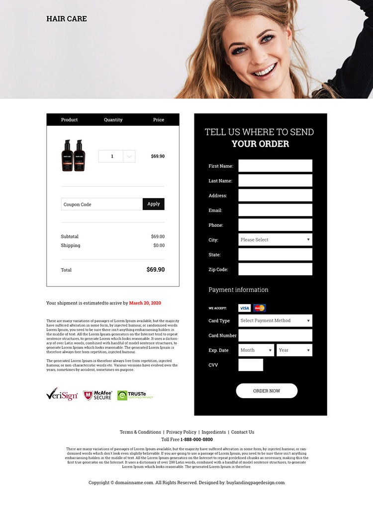 hair care products selling responsive landing page design