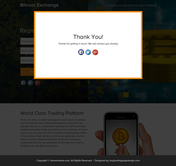 bitcoin exchange sign up capturing funnel page design