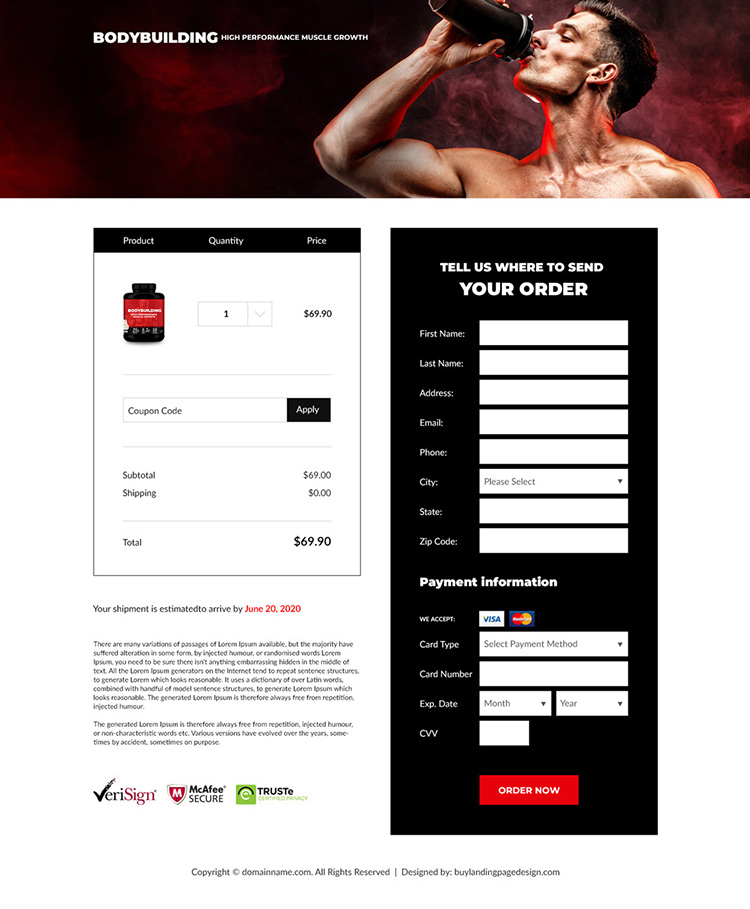 muscle growth supplement selling responsive landing page design