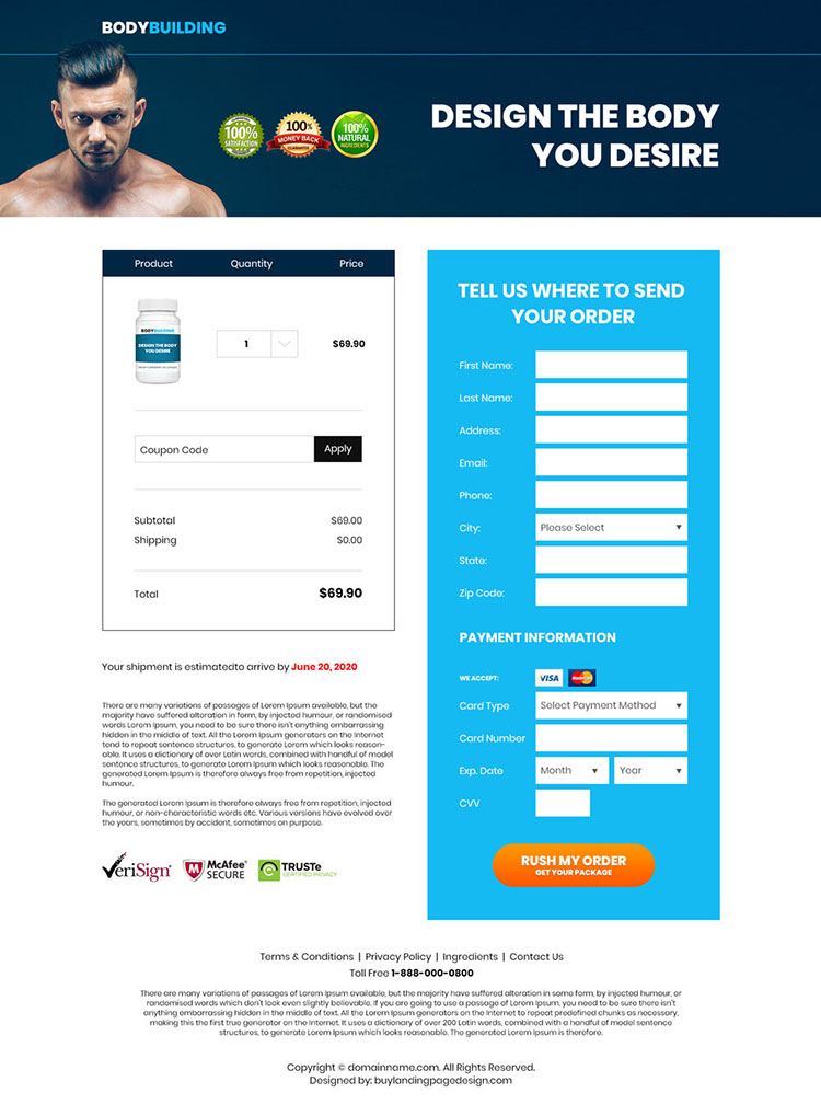 bodybuilding supplement responsive landing page design