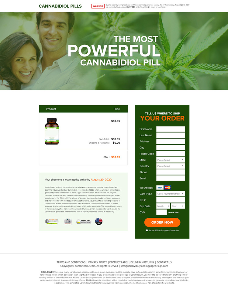 cannabidiol health supplement pills selling responsive landing page