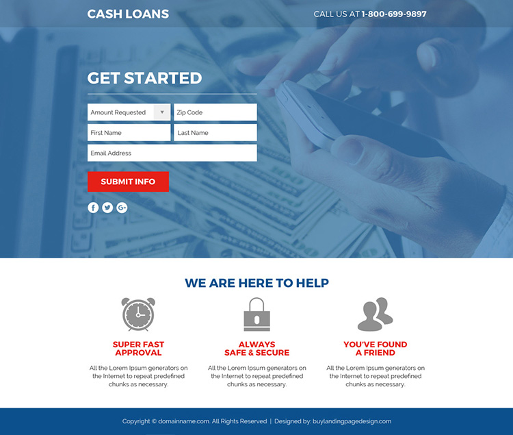 cash loan lead funnel responsive landing page design