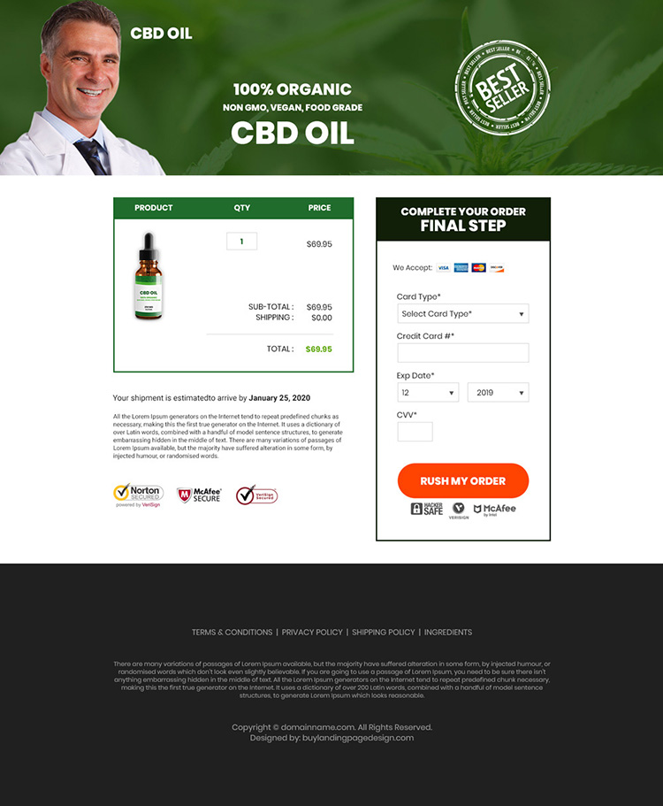 CBD oil pain relief product responsive landing page design