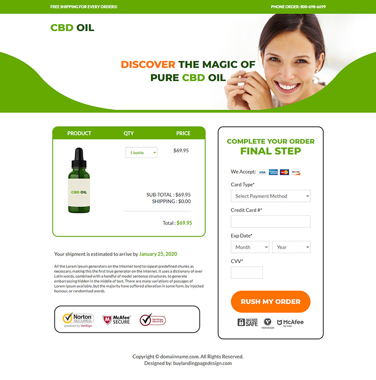 CBD oil responsive ecommerce landing page design
