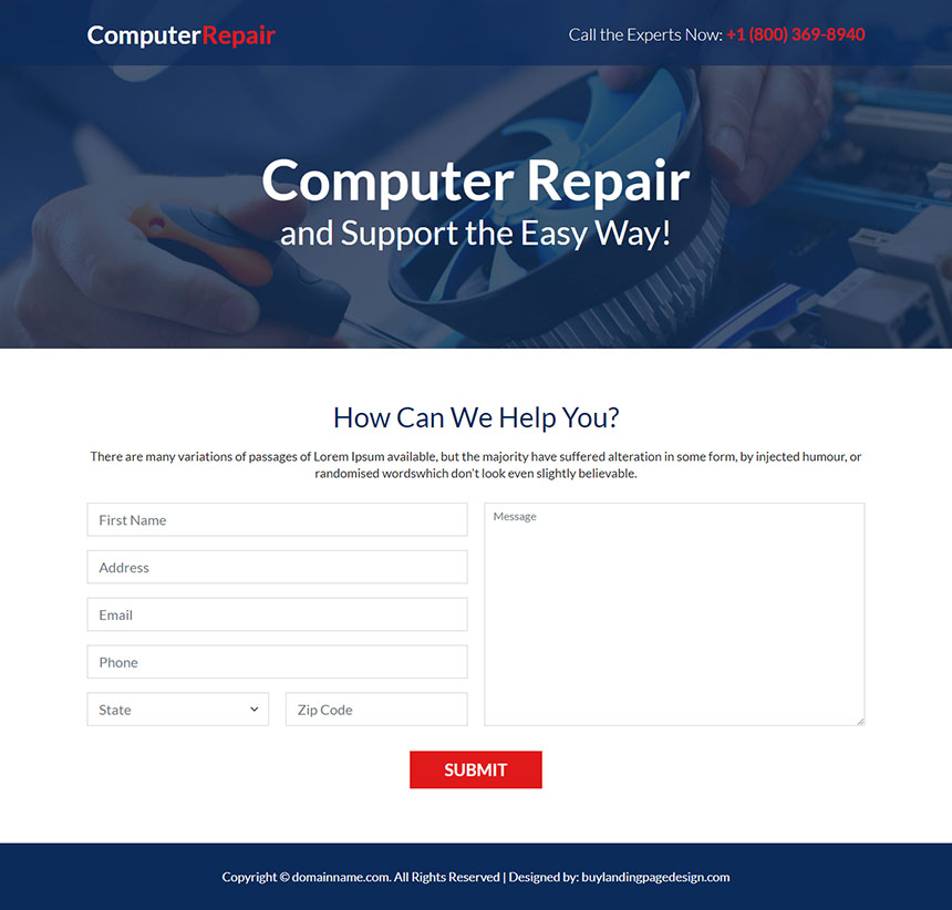 computer repair and maintenance service landing page