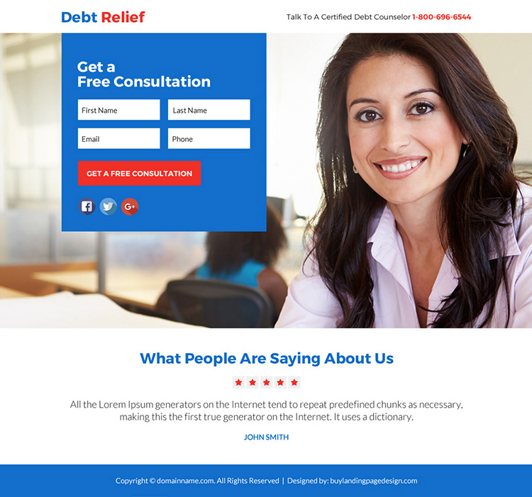 debt relief solution free consultation lead funnel responsive landing page