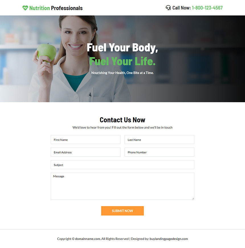 diet and nutrition professional lead capture landing page