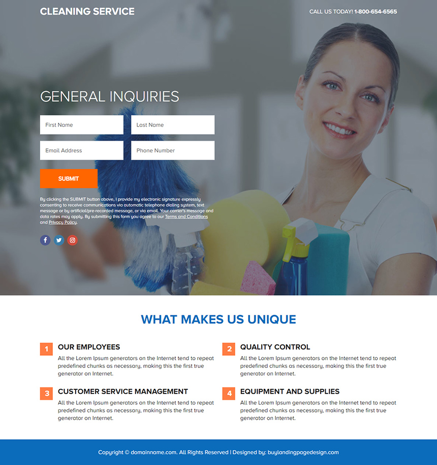 domestic cleaning service lead funnel responsive landing page