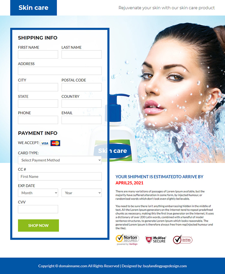 skin care product lead funnel responsive landing page design