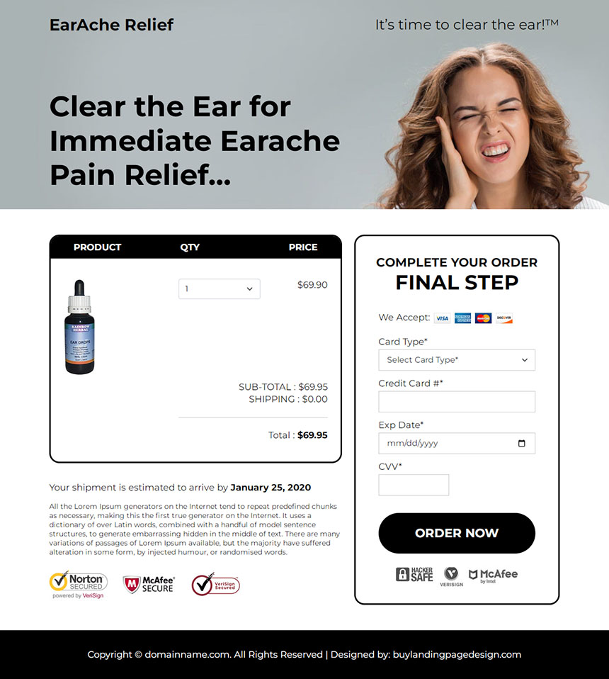 earache pain relief responsive landing page