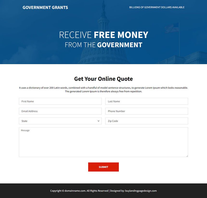 quick government grant money responsive landing page