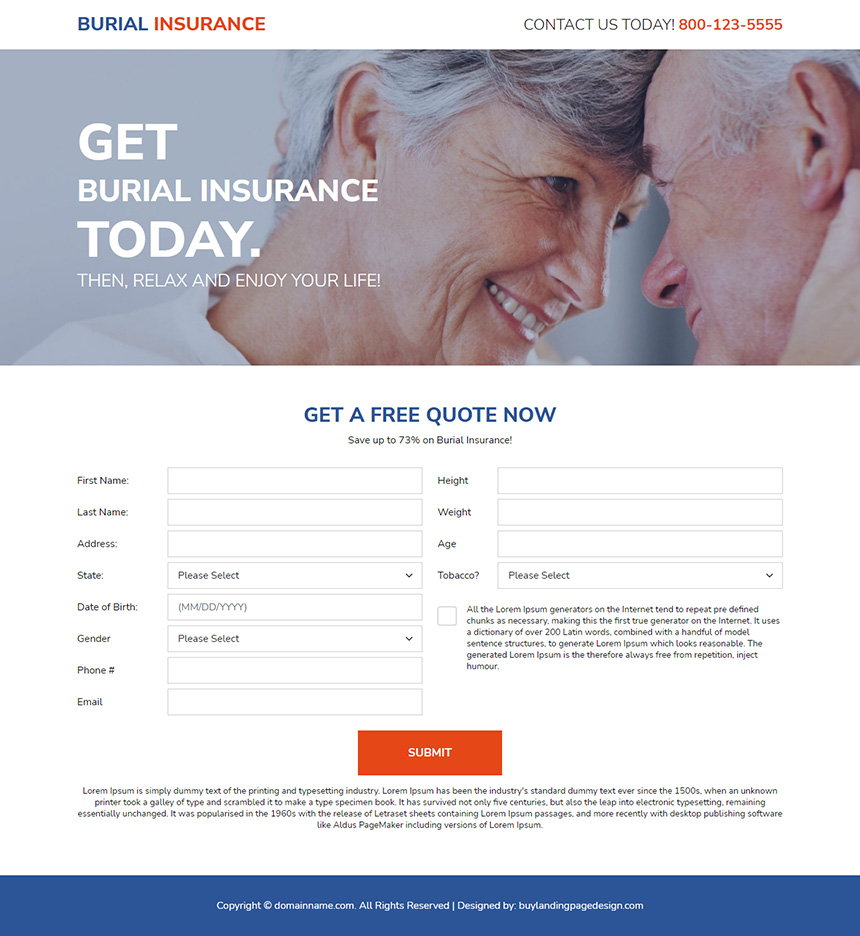 burial insurance policy free quote lead capture responsive landing page