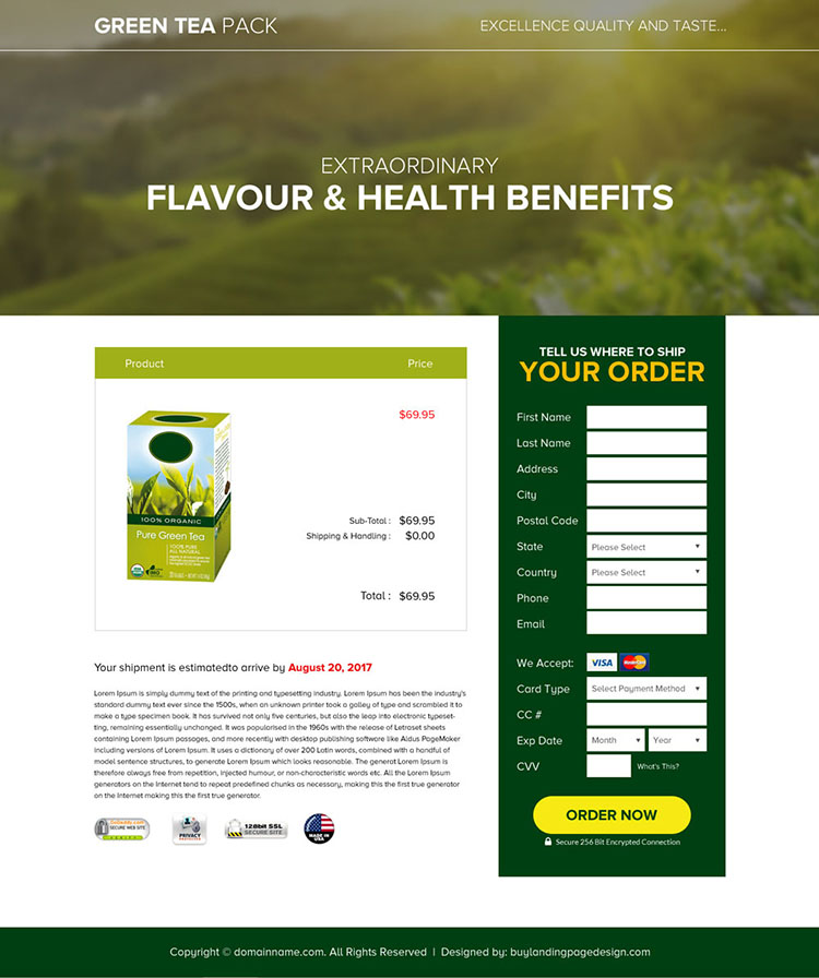 appealing green tea selling best landing page design