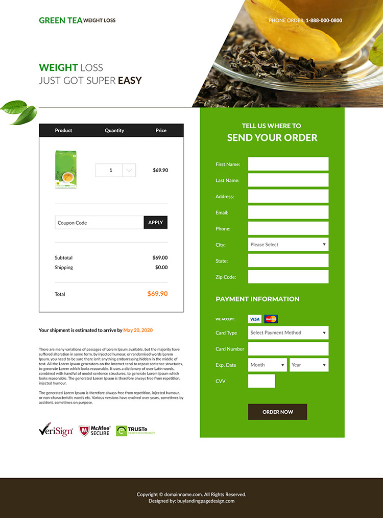 green tea weight loss supplement responsive landing page