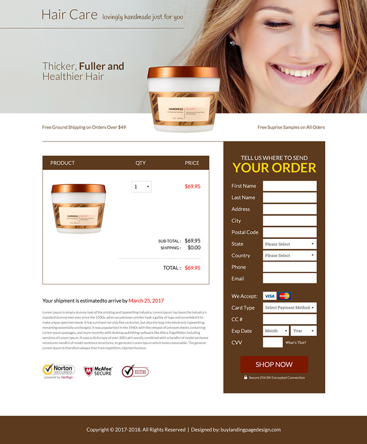 hair care product selling bootstrap landing page design