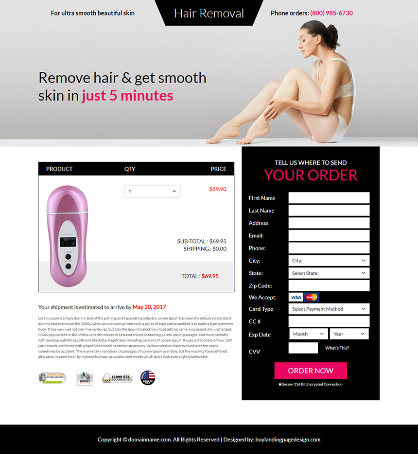 hair removal product responsive landing page