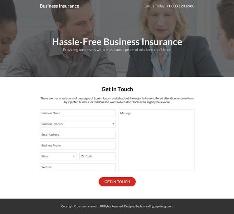 hassle free business insurance responsive landing page