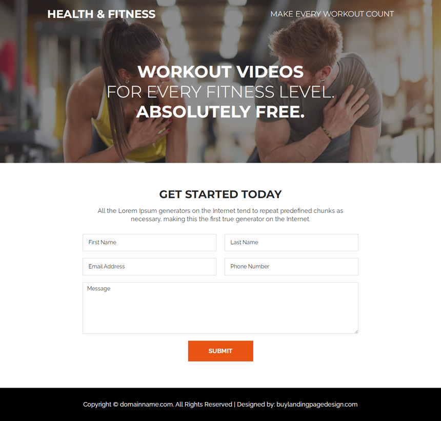 health and fitness club responsive landing page design