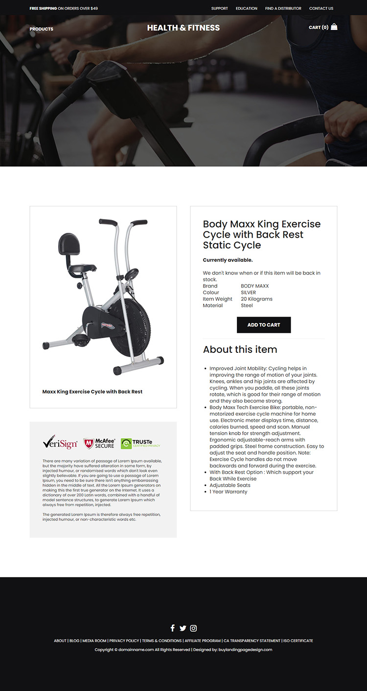 health and fitness products responsive website design