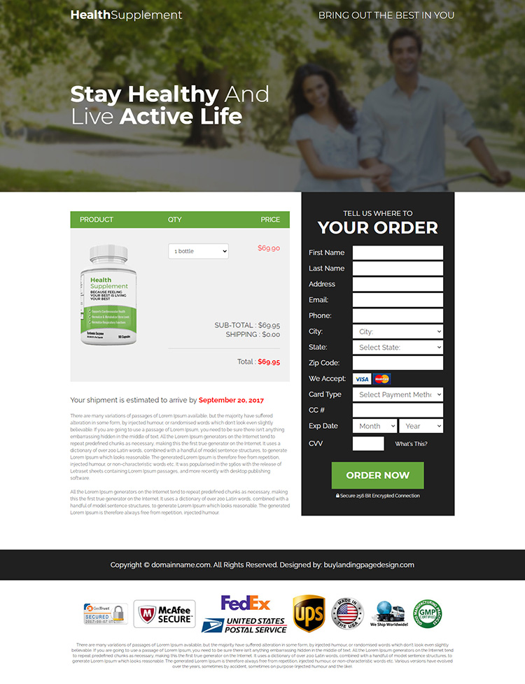 health supplement ecommerce responsive landing page