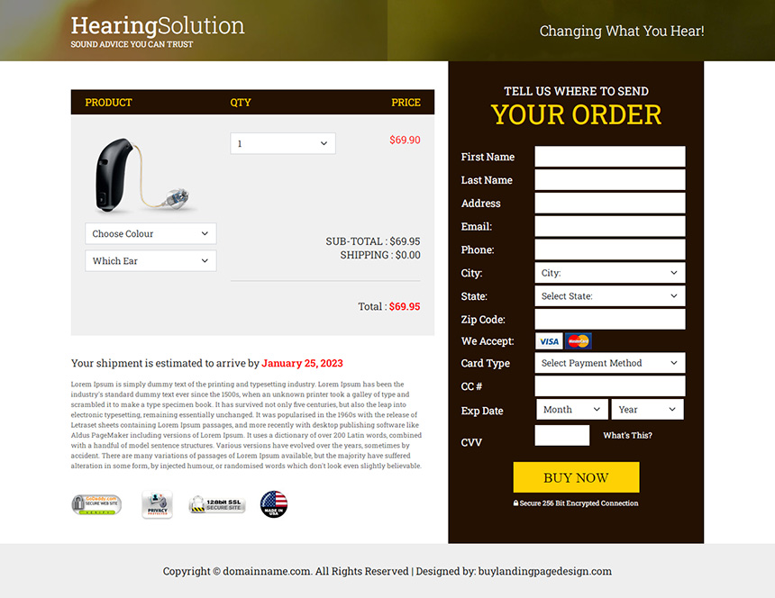 hearing solution product selling responsive landing page