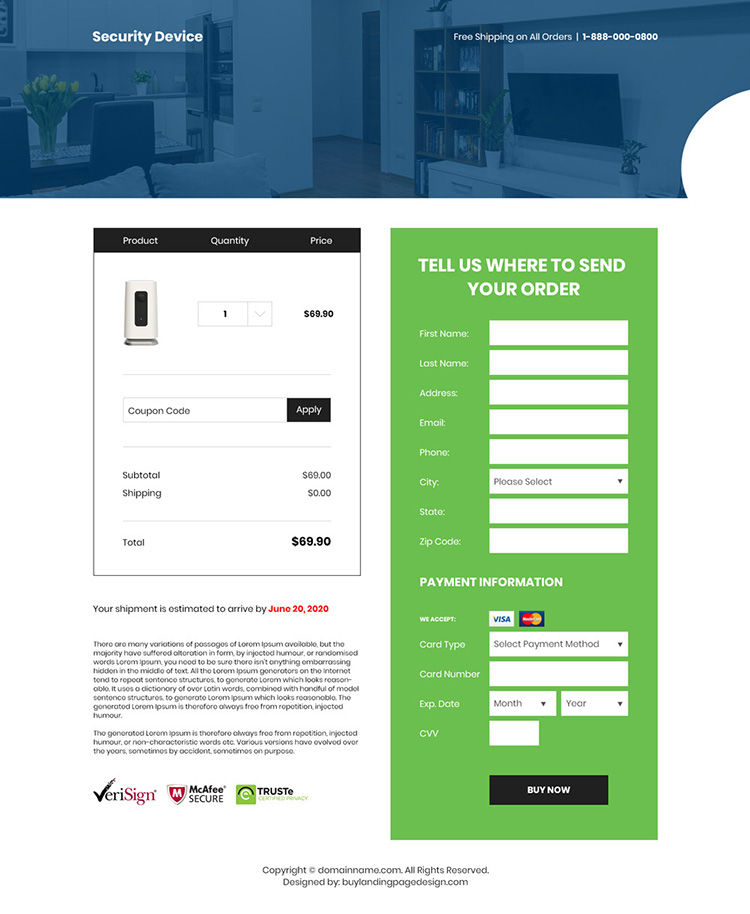 home security and automation device selling responsive landing page