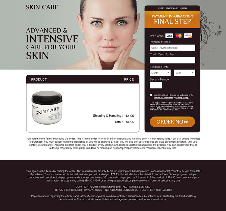 advanced and intensive skin care product selling bank page design
