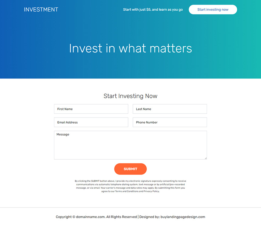 investment company lead capture landing page