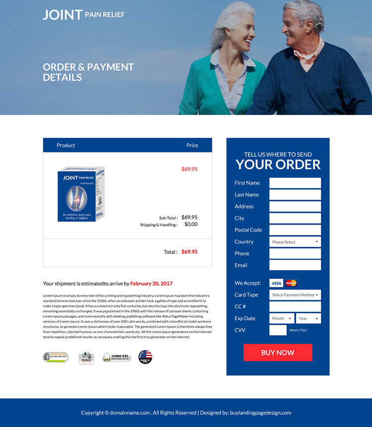 joint pain relief product selling responsive landing page