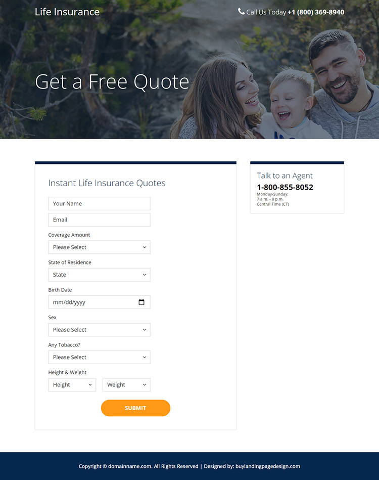 life insurance company lead capture responsive landing page