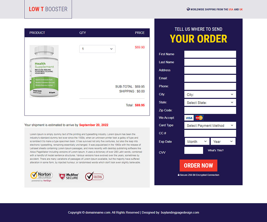 low testosterone supplement responsive landing page