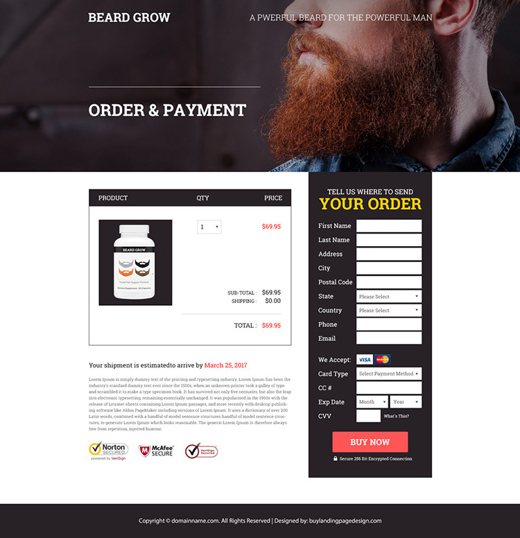 male beard growth product selling responsive landing page