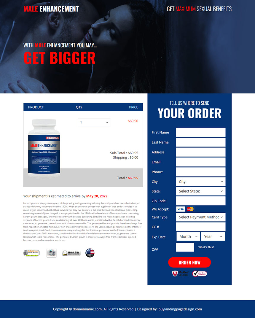 male enhancement supplement landing page design