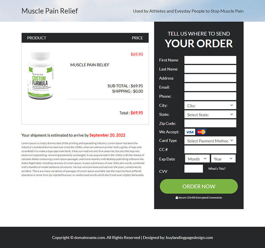 muscle pain relief product selling responsive landing page