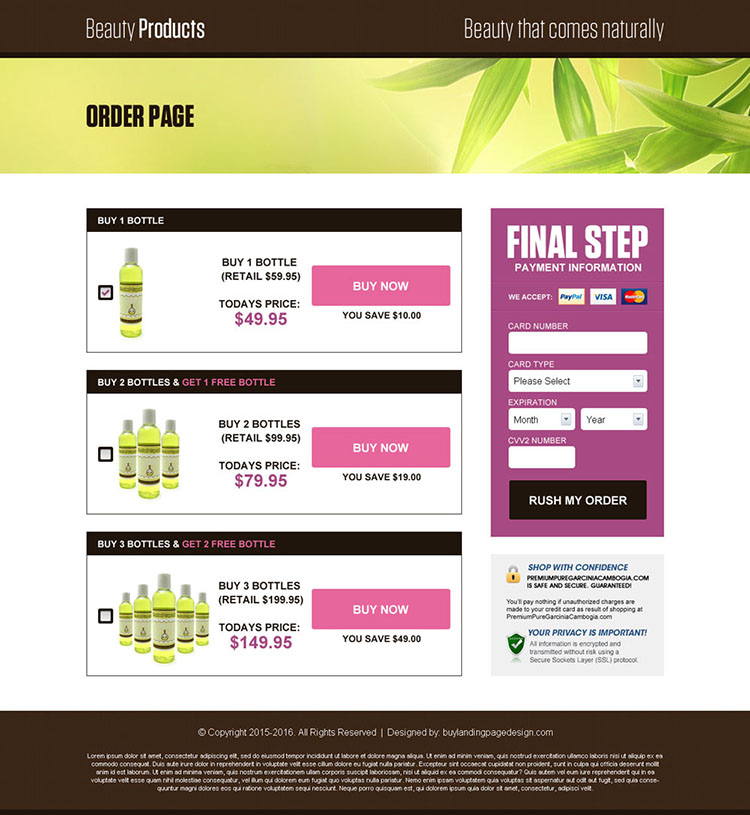 natural beauty product selling lead generating landing page